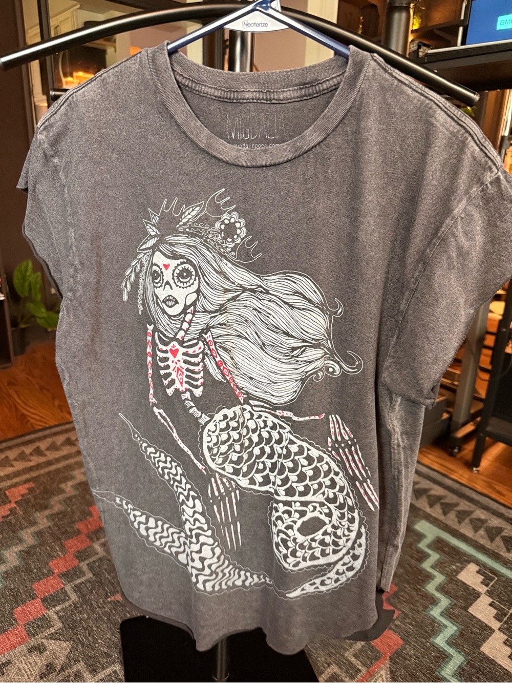 Graphic Mermaid Skeleton Tee in Washed Black